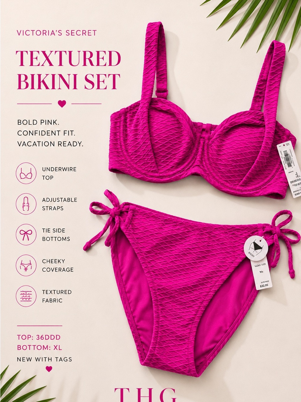 Victoria’s Secret Hot Pink Textured Bikini Set NWT 36DDD XL Bottom